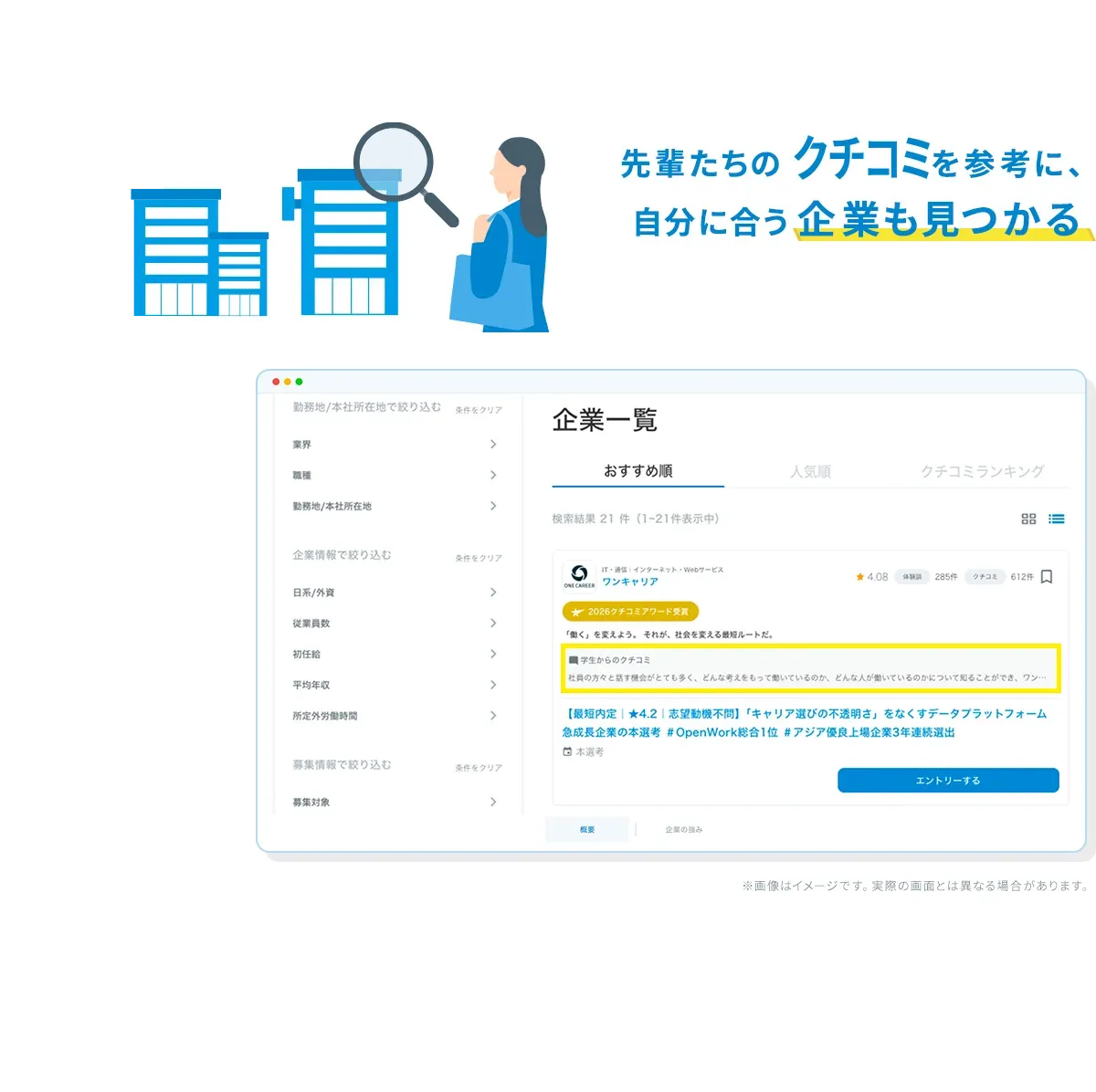 先輩たちのクチコミを参考に、自分に合う企業も見つかる